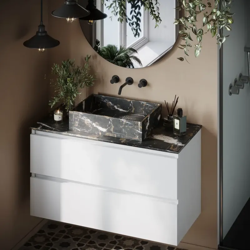 Speciale Aanbieding Fontana Portoro Gold marmer mat wit wastafelmeubel 100cm met toppaneel en rechthoekige waskom