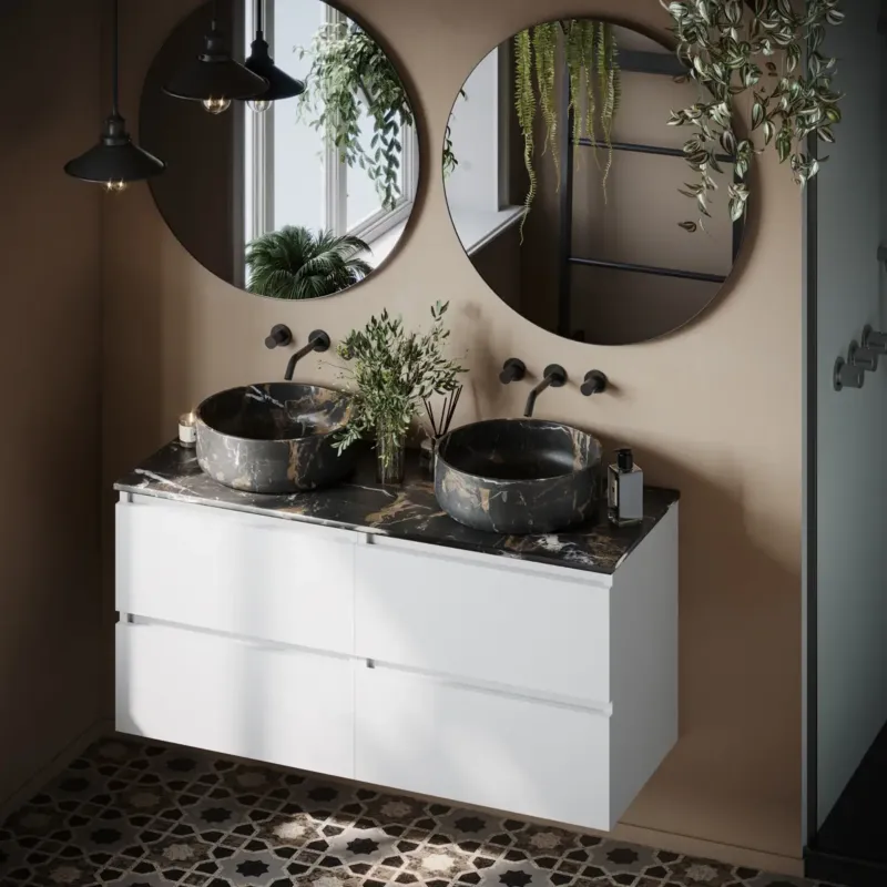 Speciale Aanbieding Fontana Portoro Gold marmer mat wit wastafelmeubel 120cm met toppaneel en ronde waskommen