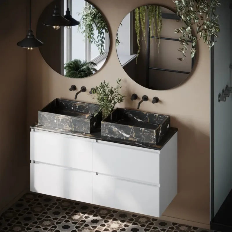 Gratis Retour Fontana Portoro Gold marmer mat wit wastafelmeubel 120cm met toppaneel en rechthoekige waskommen