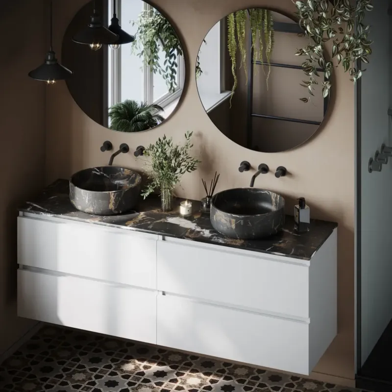 Fontana Portoro Gold marmer mat wit wastafelmeubel 160cm met toppaneel en ronde waskommen Tijdelijk Beschikbaar