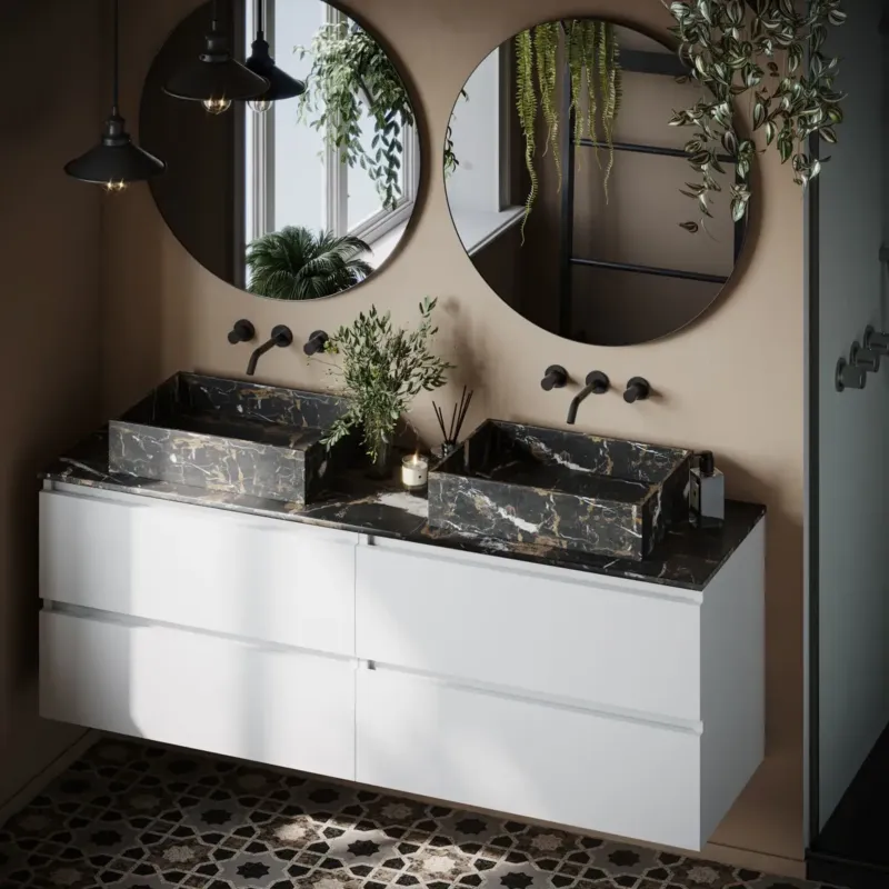 Veilige Betaling Fontana Portoro Gold marmer mat wit wastafelmeubel 160cm met toppaneel en rechthoekige waskommen
