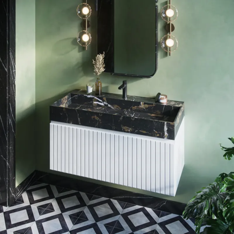Meest Verkocht Fontana Portoro Gold marmer badmeubel 100cm mat wit met ribbelfront met kraangat