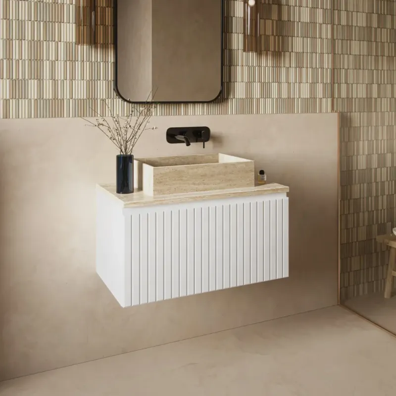 Lage Prijs Fontana White Travertin badmeubel 80cm mat wit met ribbelfront en toppaneel met rechthoekige waskom
