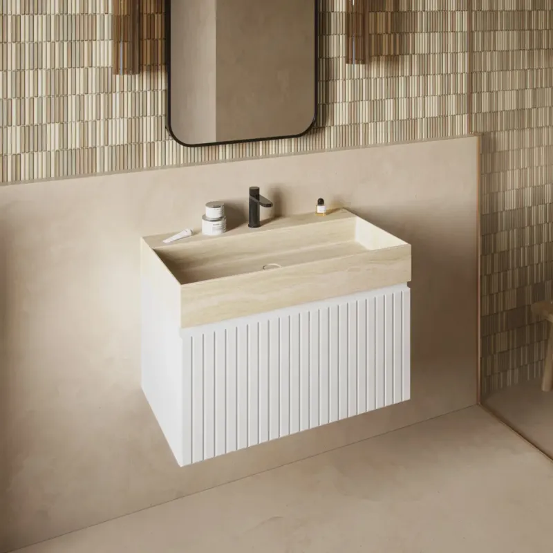 Direct Verzonden Fontana White Travertin badmeubel 80cm mat wit met ribbelfront met kraangat
