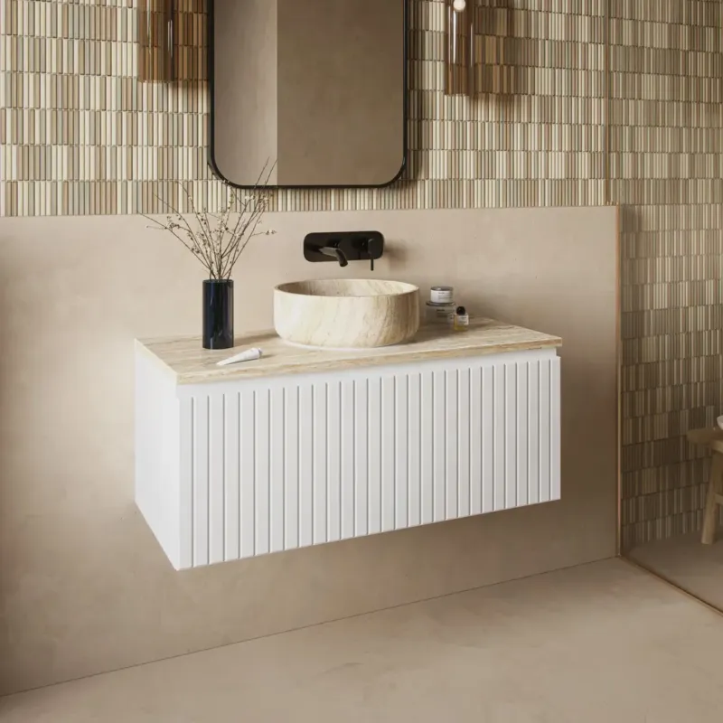 Nieuw Fontana White Travertin badmeubel 100cm mat wit met ribbelfront en toppaneel met ronde waskom