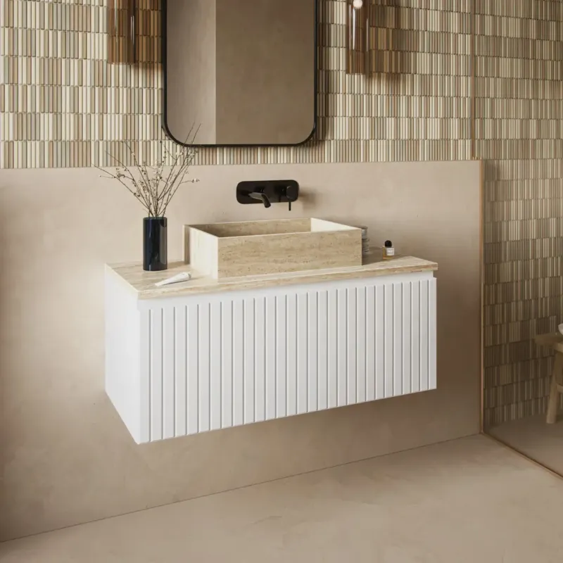 Fontana White Travertin badmeubel 100cm mat wit met ribbelfront en toppaneel met rechthoekige waskom Bestseller