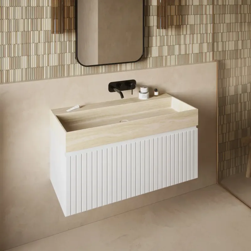 Koopje Fontana White Travertin badmeubel 100cm mat wit met ribbelfront zonder kraangat