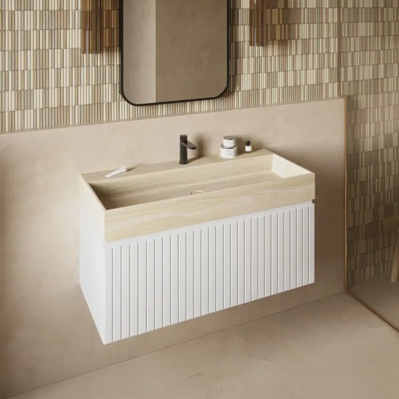 Direct Beschikbaar Fontana White Travertin badmeubel 100cm mat wit met ribbelfront met kraangat