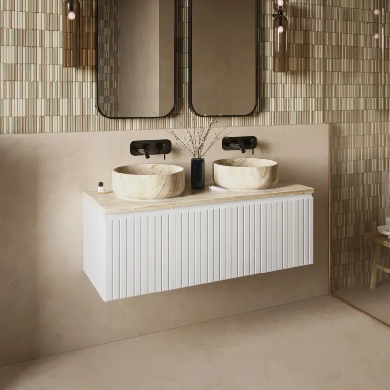 Fontana White Travertin badmeubel 120cm mat wit met ribbelfront en toppaneel met ronde waskommen Express Levering