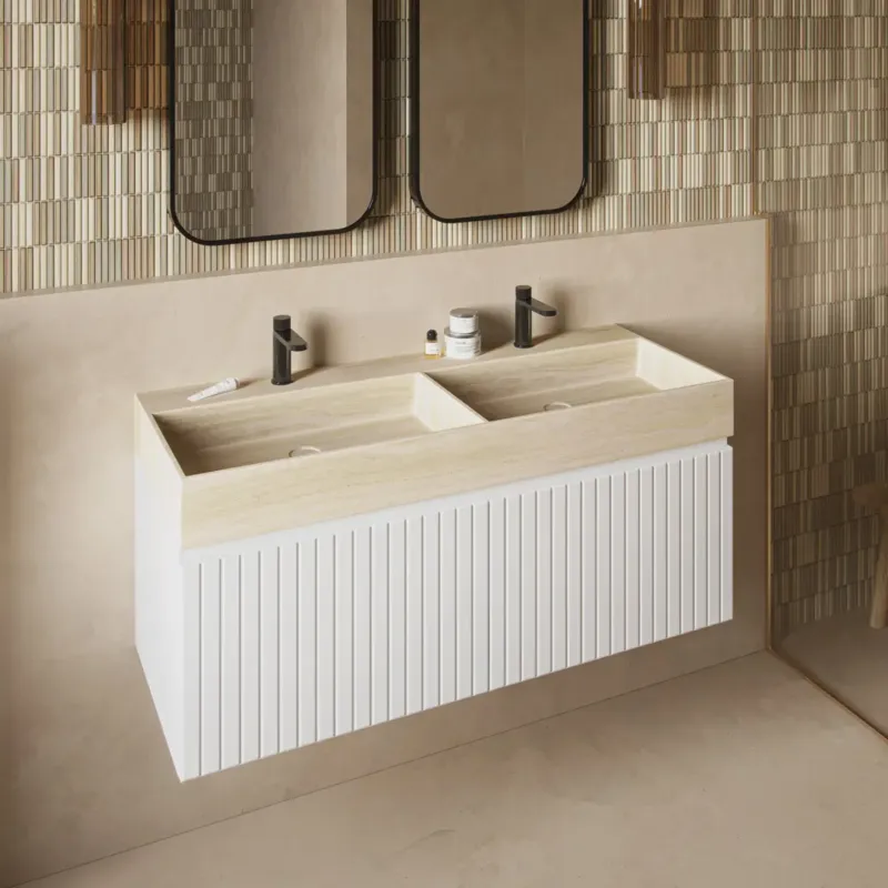 Fontana White Travertin badmeubel 120cm mat wit met ribbelfront met kraangaten Goedkoop