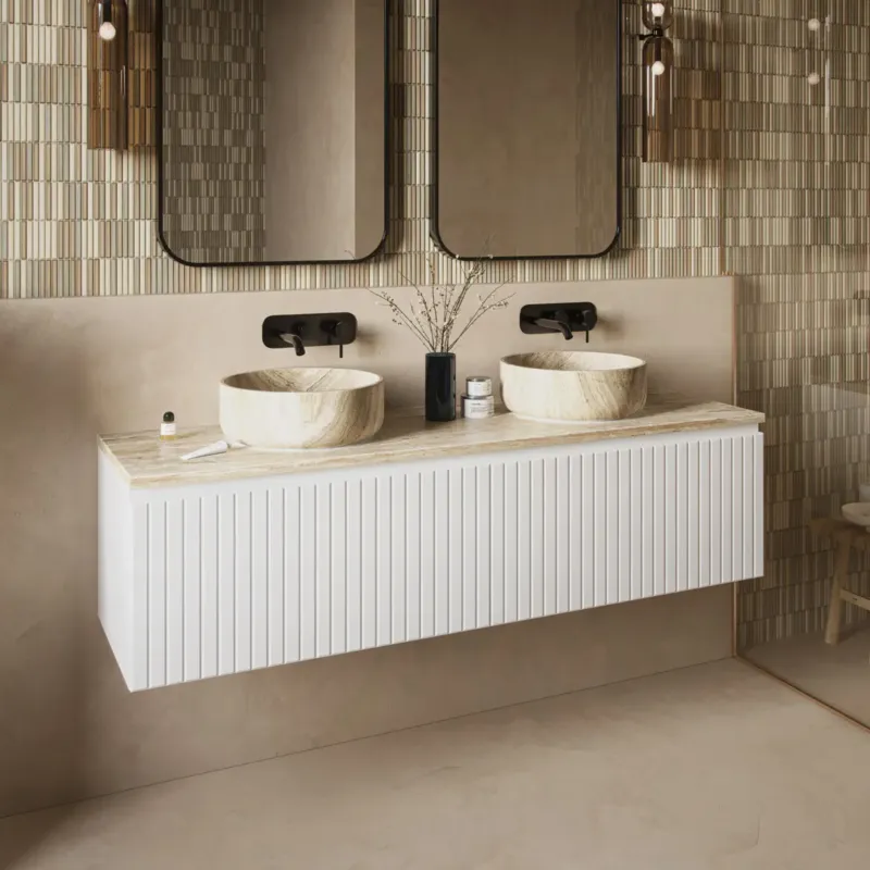 Fontana White Travertin badmeubel 160cm mat wit met ribbelfront en toppaneel met ronde waskommen Express Levering