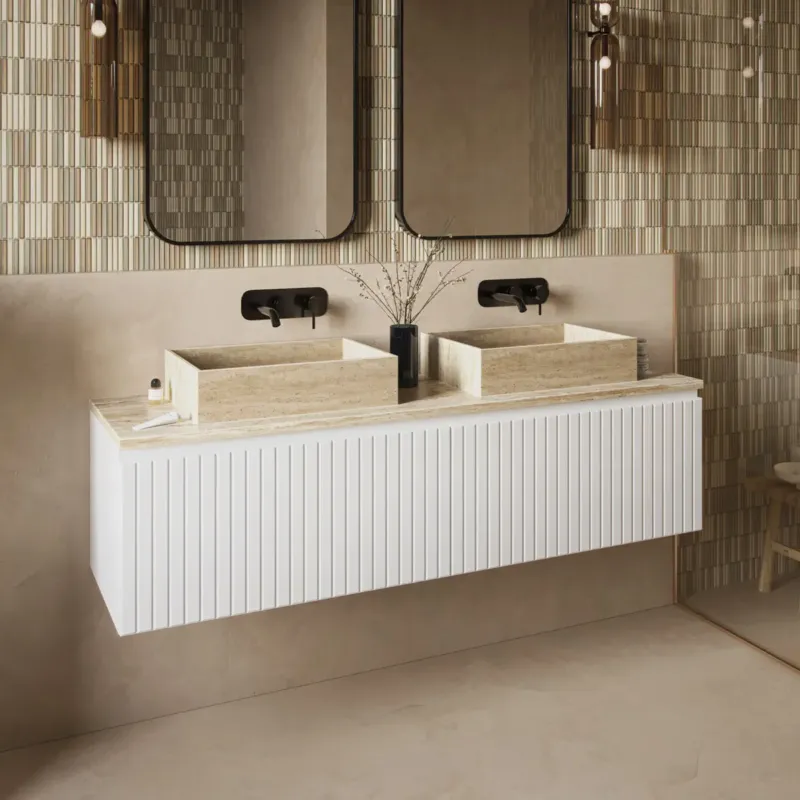 Voordeelprijs Fontana White Travertin badmeubel 160cm mat wit met ribbelfront en toppaneel met rechthoekige waskommen