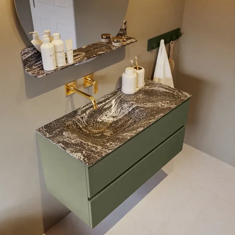 Mondiaz Vica DLux badmeubel 100cm army 2 lades met wastafel lava links zonder kraangat Beste Prijs