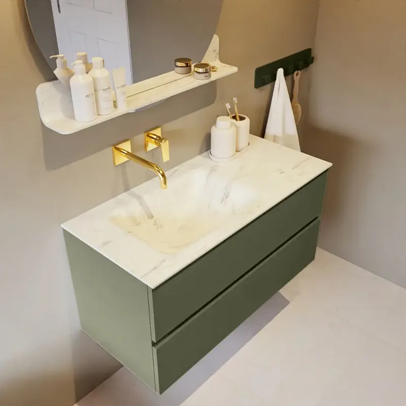 Snelle Levering Mondiaz Vica DLux badmeubel 100cm army 2 lades met wastafel opalo links zonder kraangat