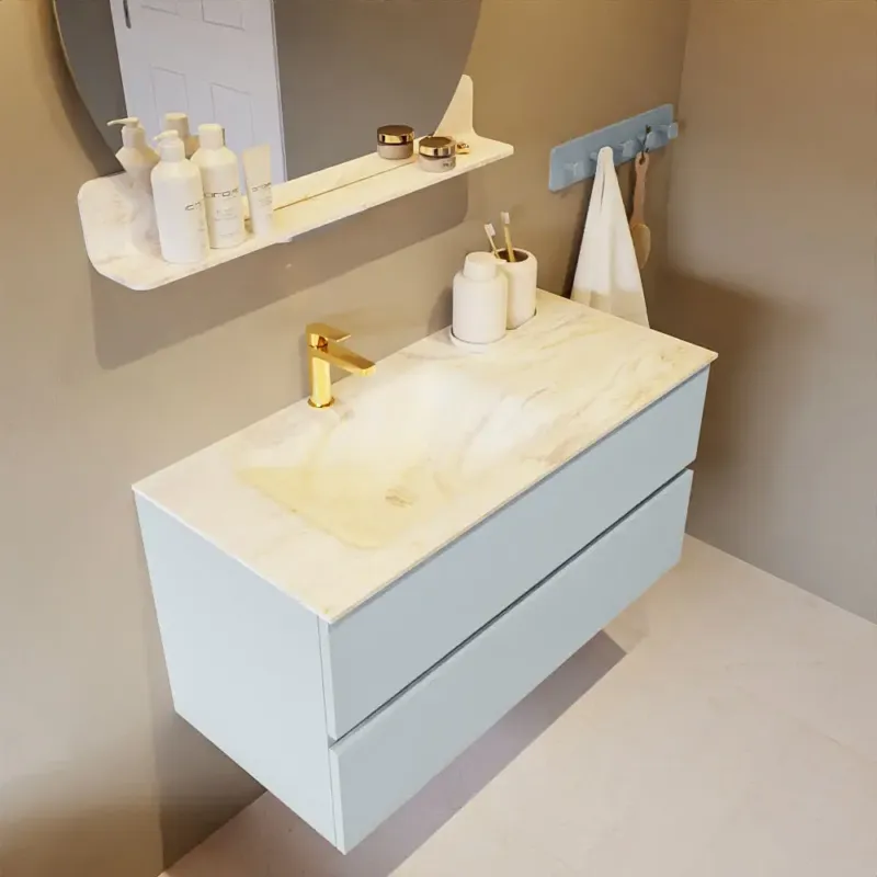 Mondiaz Vica DLux badmeubel 100cm clay 2 lades met wastafel ostra links 1 kraangat Bestel Nu