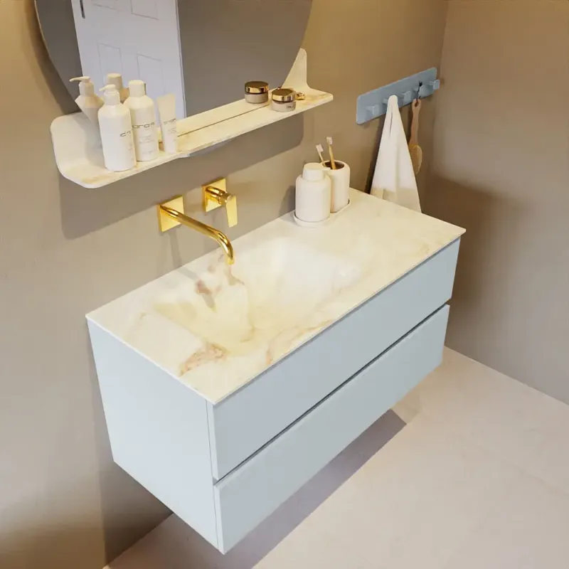 Betaalbaar Mondiaz Vica DLux badmeubel 100cm clay 2 lades met wastafel frappe links zonder kraangat