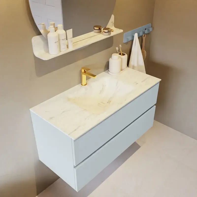 Laatste Kans Mondiaz Vica DLux badmeubel 100cm clay 2 lades met wastafel opalo midden 1 kraangat