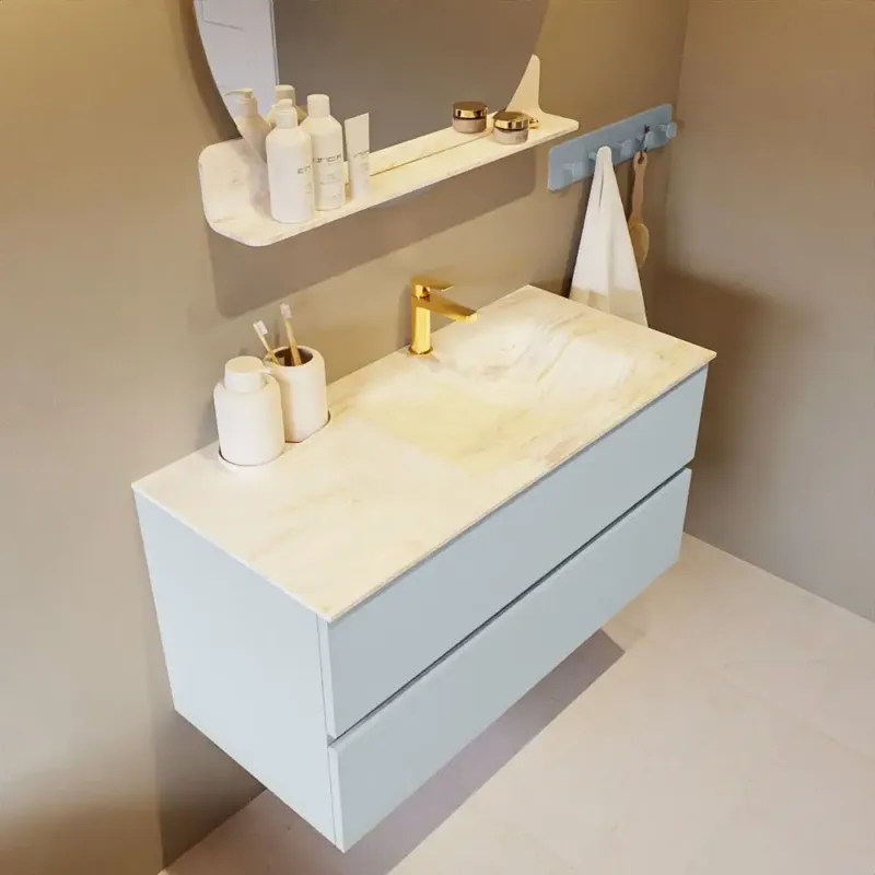 Laatste Kans Mondiaz Vica DLux badmeubel 100cm clay 2 lades met wastafel ostra rechts 1 kraangat