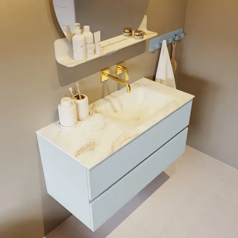 Gereduceerde Prijs Mondiaz Vica DLux badmeubel 100cm clay 2 lades met wastafel frappe rechts zonder kraangat