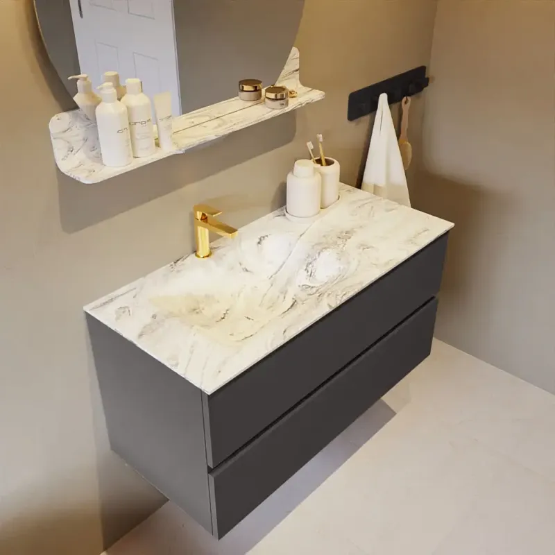 Betrouwbaar Mondiaz Vica DLux badmeubel 100cm dark grey 2 lades met wastafel glace links 1 kraangat