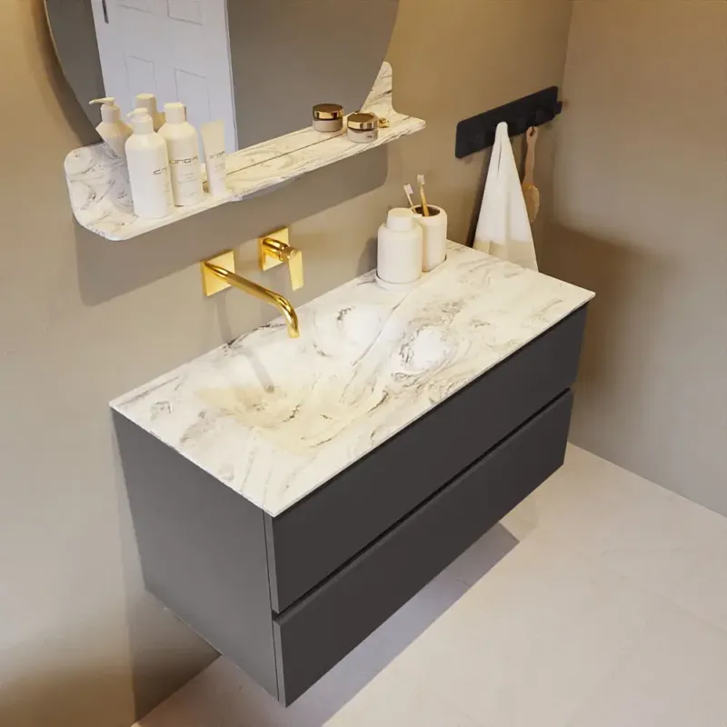 Lage Kosten Mondiaz Vica DLux badmeubel 100cm dark grey 2 lades met wastafel glace links zonder kraangat