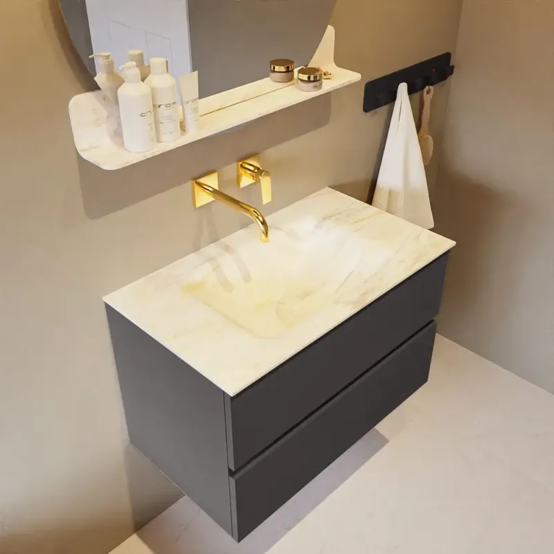 Veilige Betaling Mondiaz Vica DLux badmeubel 80cm dark grey 2 lades met wastafel ostra midden zonder kraangat