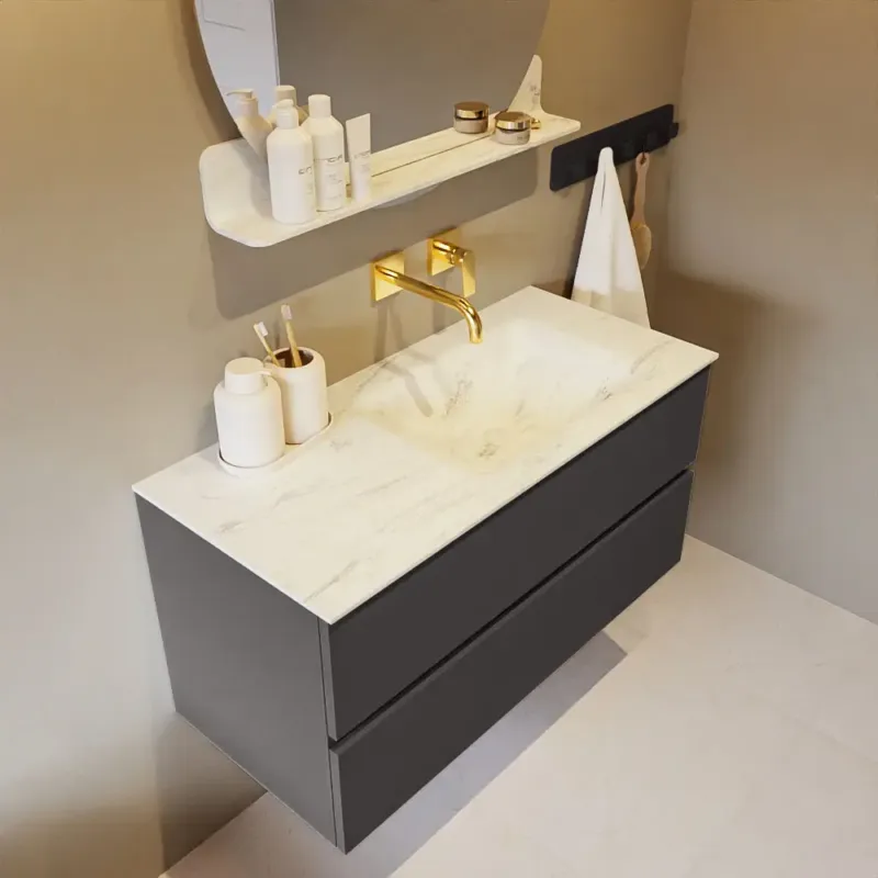 Koop Online Mondiaz Vica DLux badmeubel 100cm dark grey 2 lades met wastafel opalo rechts zonder kraangat
