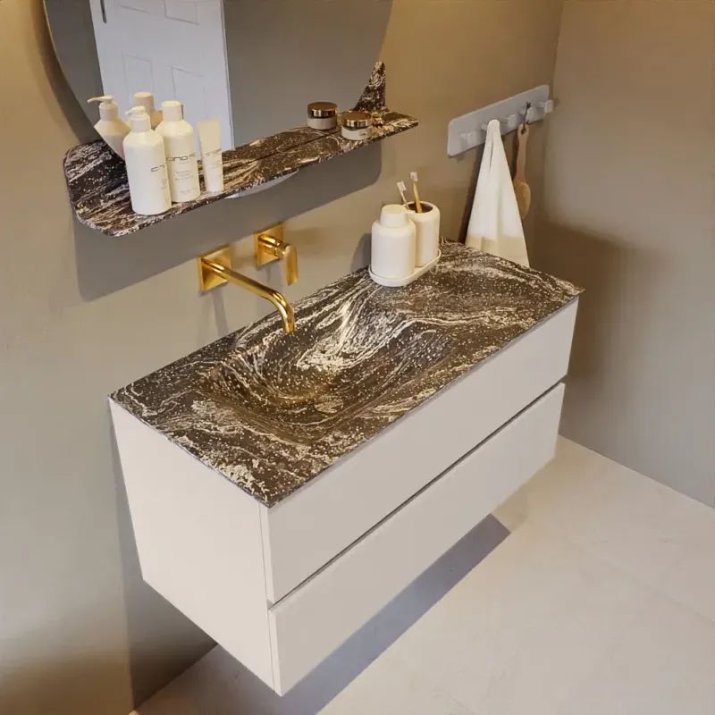 Mondiaz Vica DLux badmeubel 100cm linen 2 lades met wastafel lava links zonder kraangat Actieprijs