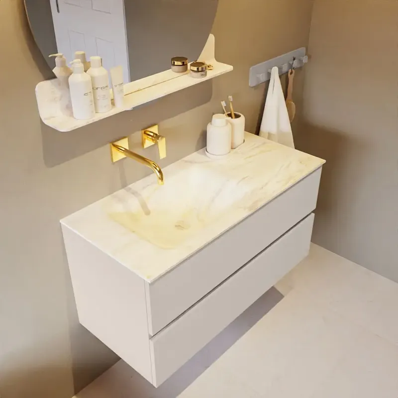 Mondiaz Vica DLux badmeubel 100cm linen 2 lades met wastafel ostra links zonder kraangat Bestseller