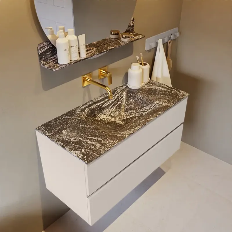 Voordeelprijs Mondiaz Vica DLux badmeubel 100cm linen 2 lades met wastafel lava midden zonder kraangat
