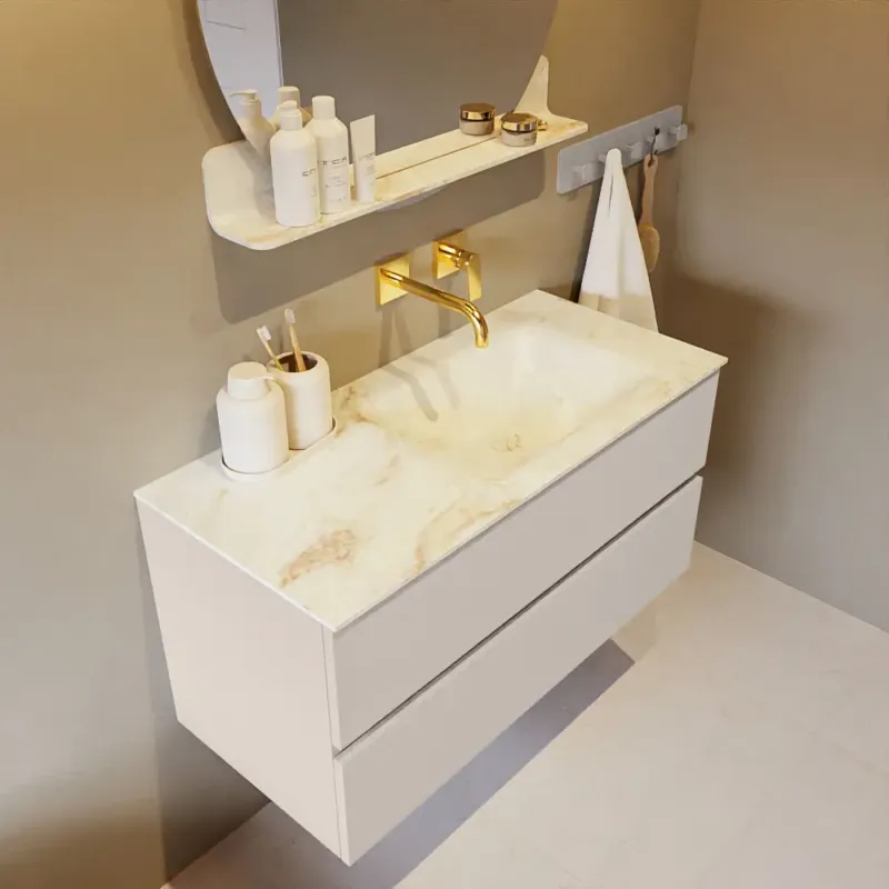 Uitverkoop Mondiaz Vica DLux badmeubel 100cm linen 2 lades met wastafel frappe rechts zonder kraangat