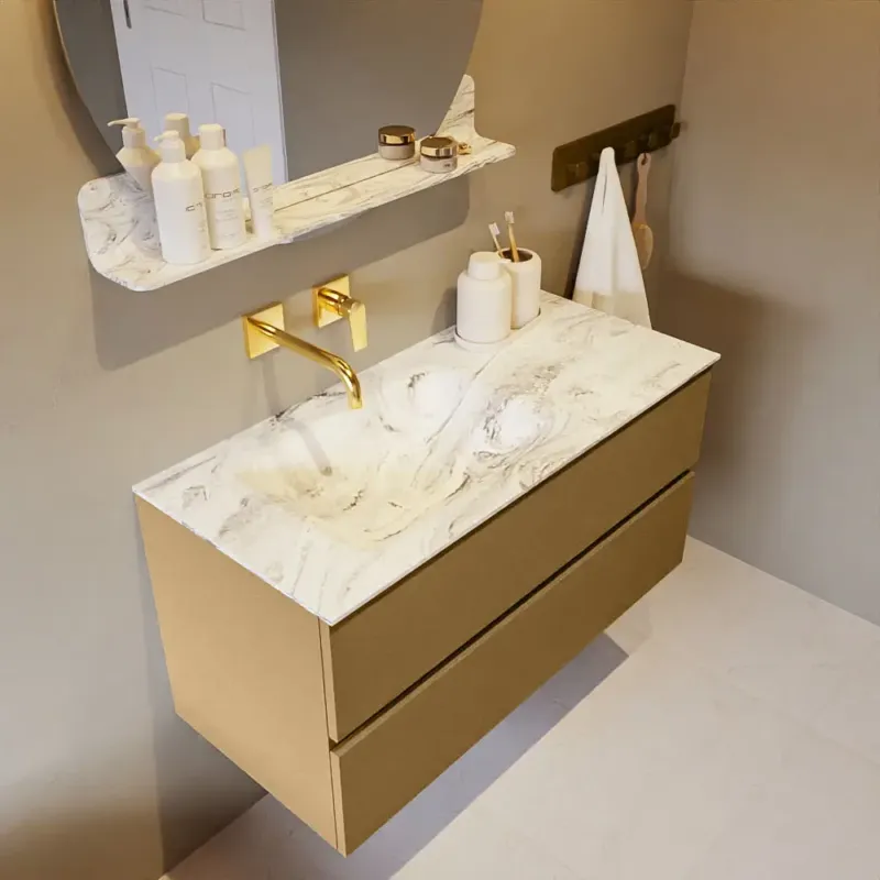 Veilige Betaling Mondiaz Vica DLux badmeubel 100cm oro 2 lades met wastafel glace links zonder kraangat
