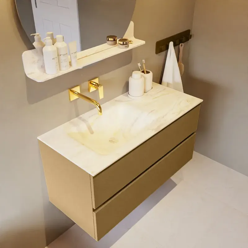 Actieprijs Mondiaz Vica DLux badmeubel 100cm oro 2 lades met wastafel ostra links zonder kraangat