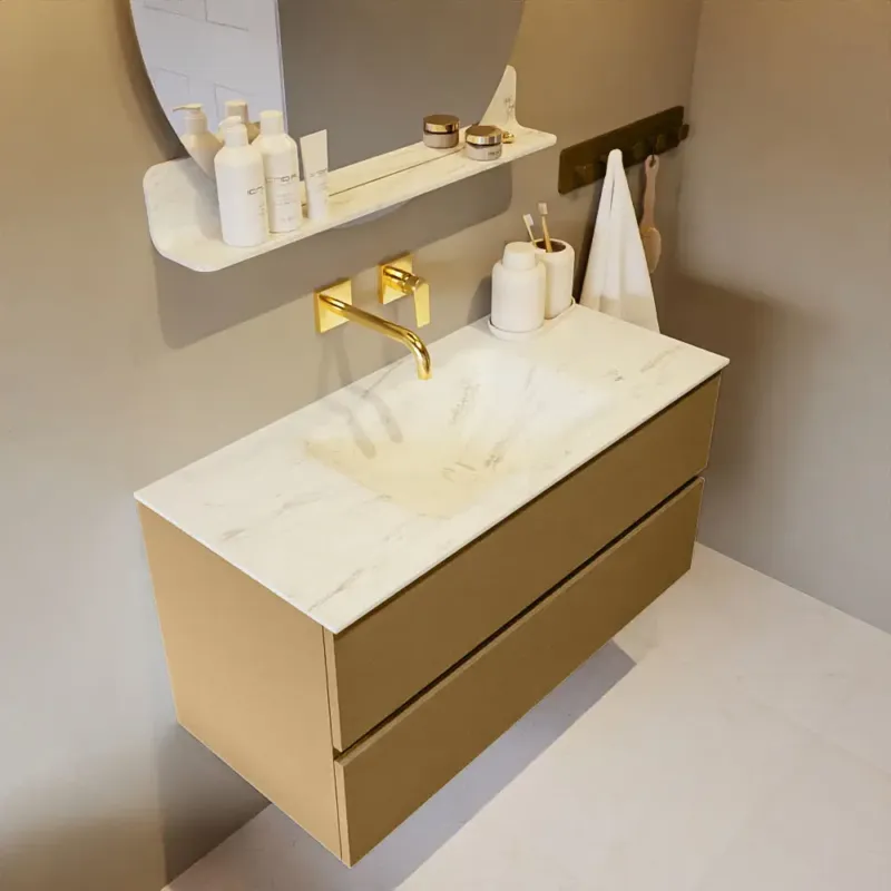 Mondiaz Vica DLux badmeubel 100cm oro 2 lades met wastafel opalo midden zonder kraangat Hoge Kwaliteit