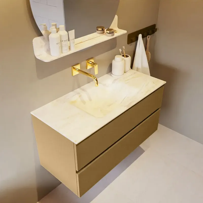 Voordeelprijs Mondiaz Vica DLux badmeubel 100cm oro 2 lades met wastafel ostra midden zonder kraangat