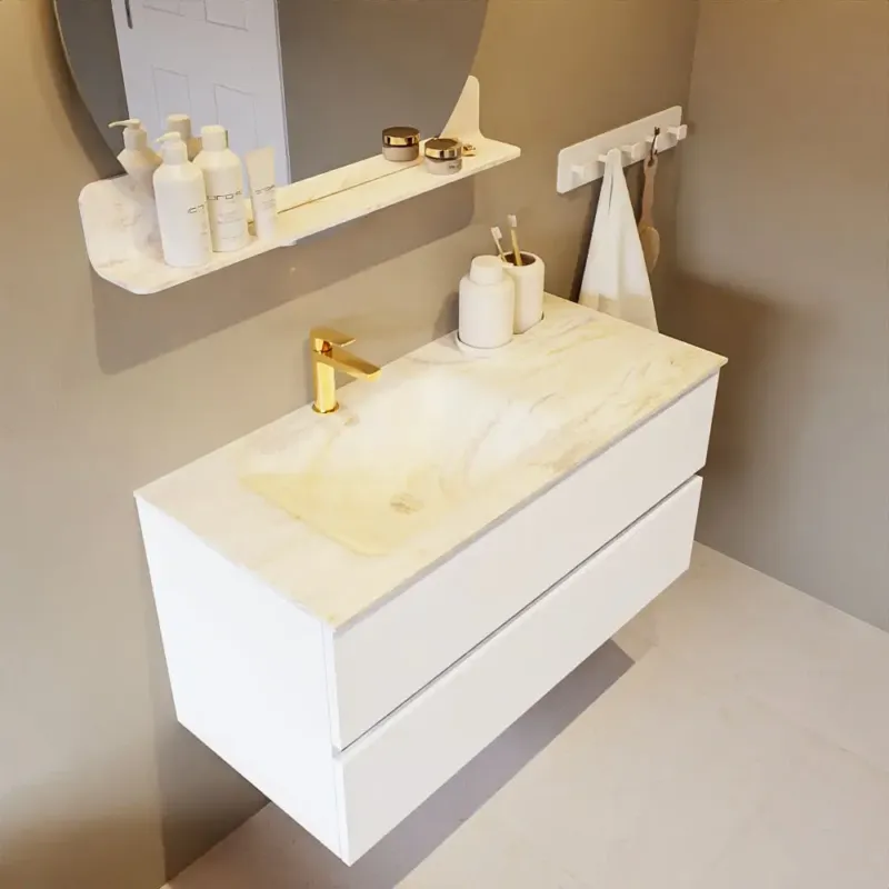 Voordeelprijs Mondiaz Vica DLux badmeubel 100cm talc 2 lades met wastafel ostra links 1 kraangat