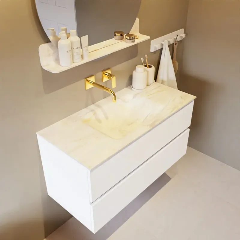 Weekendaanbieding Mondiaz Vica DLux badmeubel 100cm talc 2 lades met wastafel ostra midden zonder kraangat