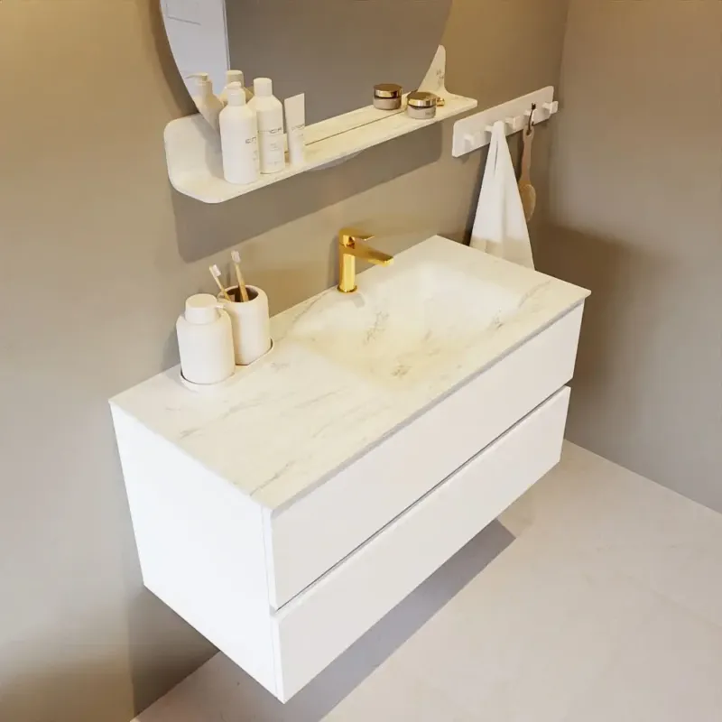 Laatste Versie Mondiaz Vica DLux badmeubel 100cm talc 2 lades met wastafel opalo rechts 1 kraangat