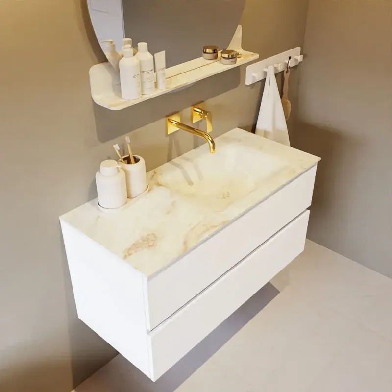 Veilige Betaling Mondiaz Vica DLux badmeubel 100cm talc 2 lades met wastafel frappe rechts zonder kraangat