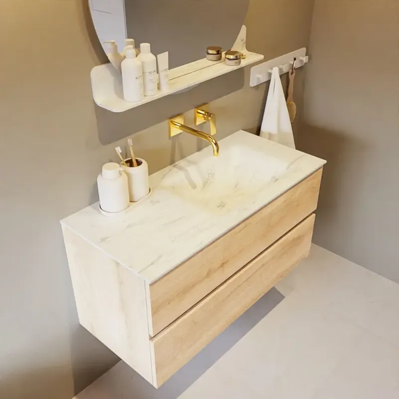 Veilige Betaling Mondiaz Vica DLux badmeubel 100cm washed oak 2 lades met wastafel opalo rechts zonder kraangat