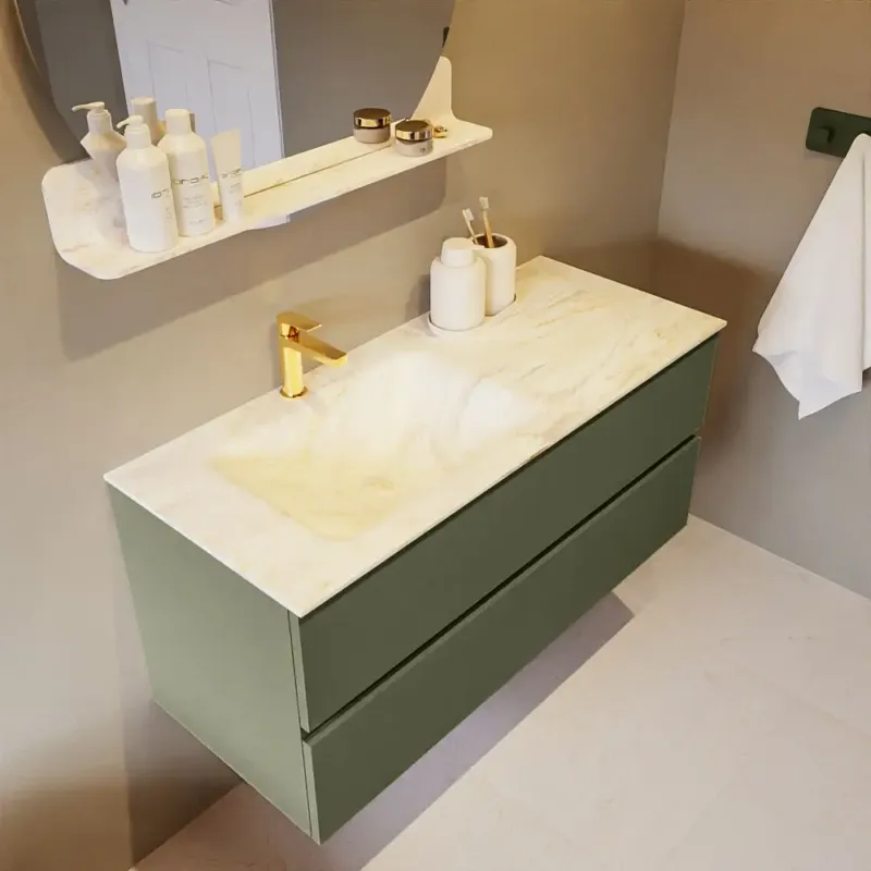 Voordeelprijs Mondiaz Vica DLux badmeubel 110cm army 2 lades met wastafel ostra links 1 kraangat