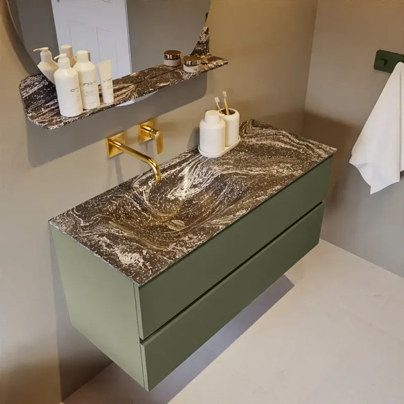 Mondiaz Vica DLux badmeubel 110cm army 2 lades met wastafel lava links zonder kraangat Tijdelijk Beschikbaar