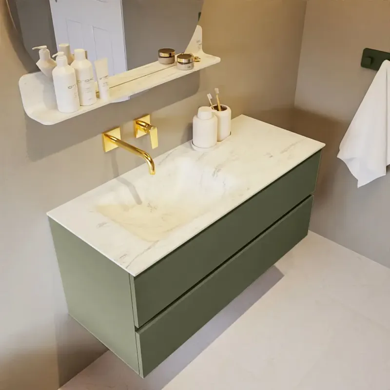 Premium Mondiaz Vica DLux badmeubel 110cm army 2 lades met wastafel opalo links zonder kraangat