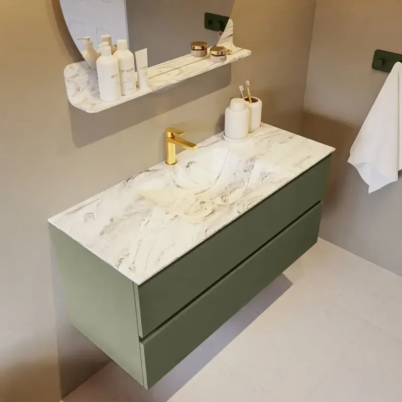 Veilige Betaling Mondiaz Vica DLux badmeubel 110cm army 2 lades met wastafel glace midden 1 kraangat