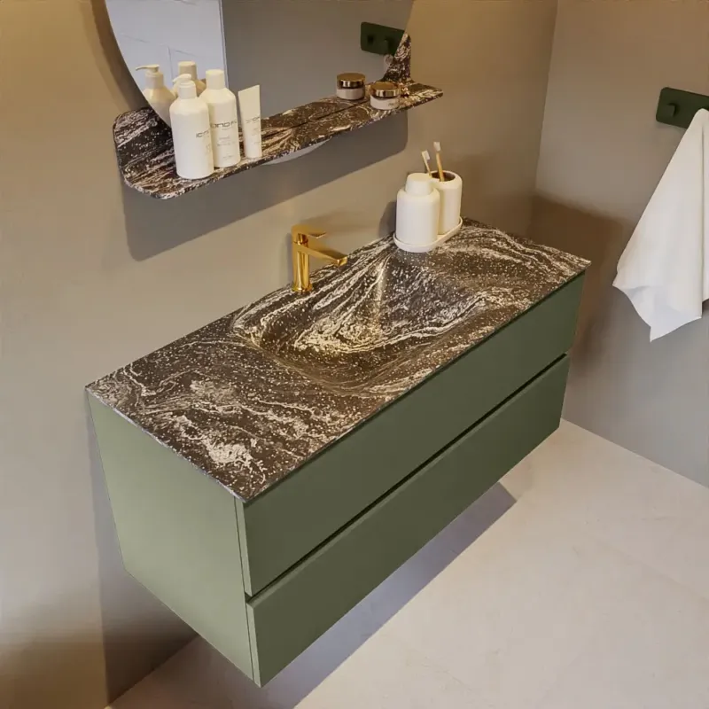 Mondiaz Vica DLux badmeubel 110cm army 2 lades met wastafel lava midden 1 kraangat Finale Uitverkoop