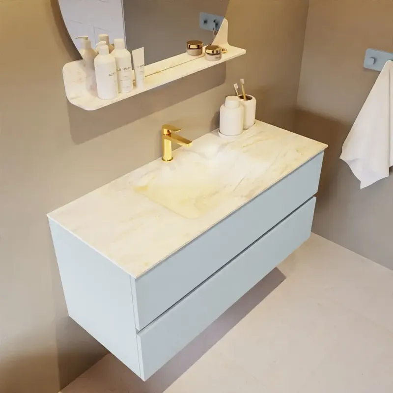 Hete Deal Mondiaz Vica DLux badmeubel 110cm clay 2 lades met wastafel ostra midden 1 kraangat