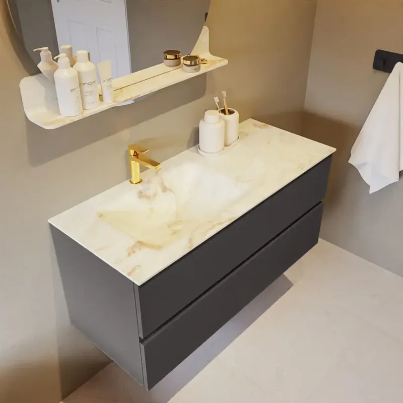 Weekendaanbieding Mondiaz Vica DLux badmeubel 110cm dark grey 2 lades met wastafel frappe links 1 kraangat