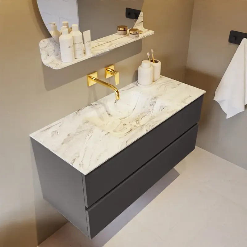 Uitverkoop Mondiaz Vica DLux badmeubel 110cm dark grey 2 lades met wastafel glace midden zonder kraangat