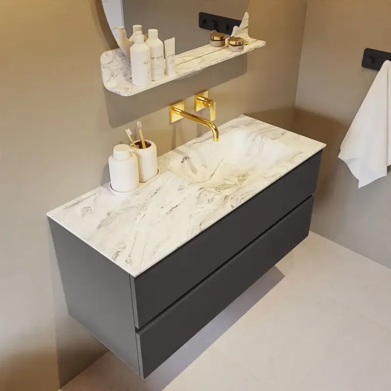 Voordeelprijs Mondiaz Vica DLux badmeubel 110cm dark grey 2 lades met wastafel glace rechts zonder kraangat