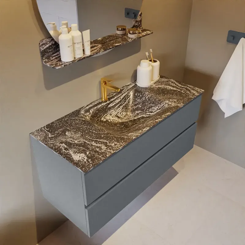 Actieprijs Mondiaz Vica DLux badmeubel 110cm plata 2 lades met wastafel lava midden 1 kraangat